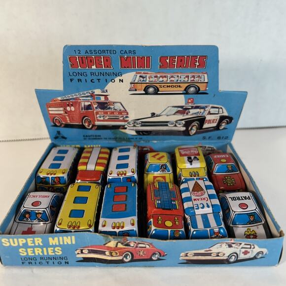 Vintage Tin Litho Friction Super Mini Toy Car Set w/ Display Taiwan 12pc - Picture 1 of 16